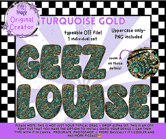 Turquoise Gold Typeable OTF Font + PNG Set