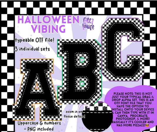 Halloween Vibing Alpha | OTF Font + PNG | 3-Set Typeface with Checkered Vibes