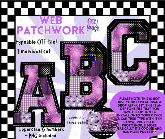Decorative font set with 'ABC' letters on a checkered background