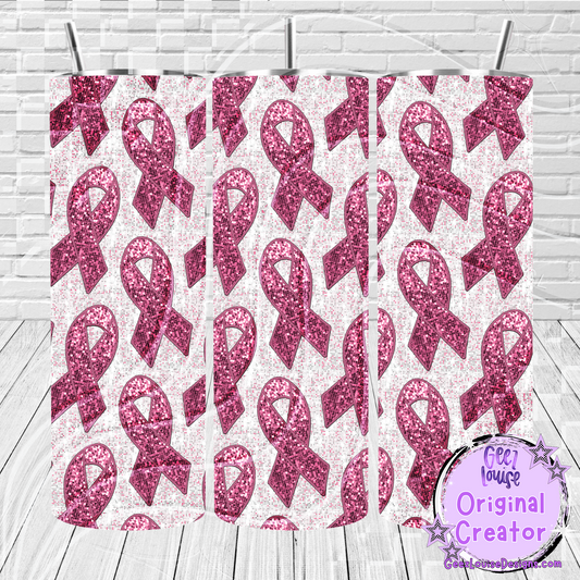 Pink Ribbon Breast Cancer Awareness Tumbler Wrap – Glitter Style (20 oz Skinny PNG)