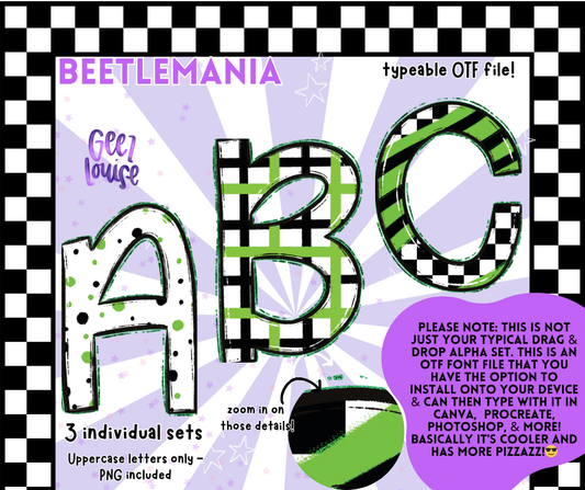 Beetlemania – Grunge Green Check OTF Font with PNGs (Uppercase Only)