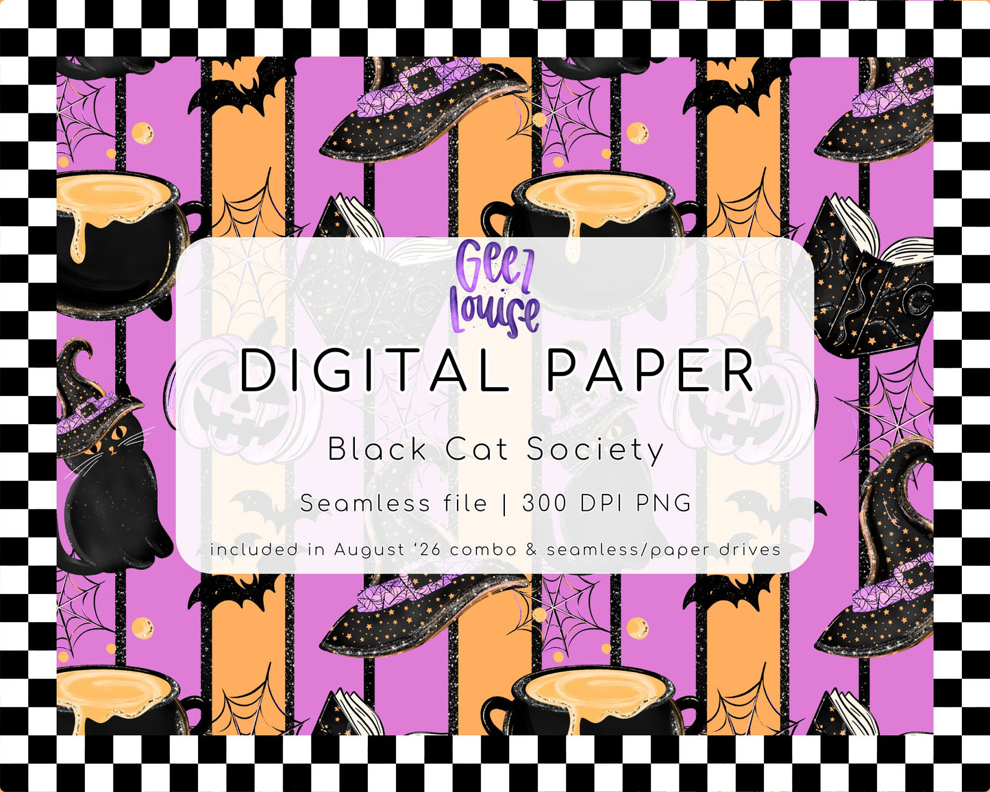 Black Cat Society Halloween Seamless Digital Paper PNG | Witchy Black Cat Pattern | August 26 Combo & Seamless Drive
