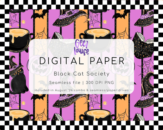 Black Cat Society Halloween Seamless Digital Paper PNG | Witchy Black Cat Pattern | August 26 Combo & Seamless Drive