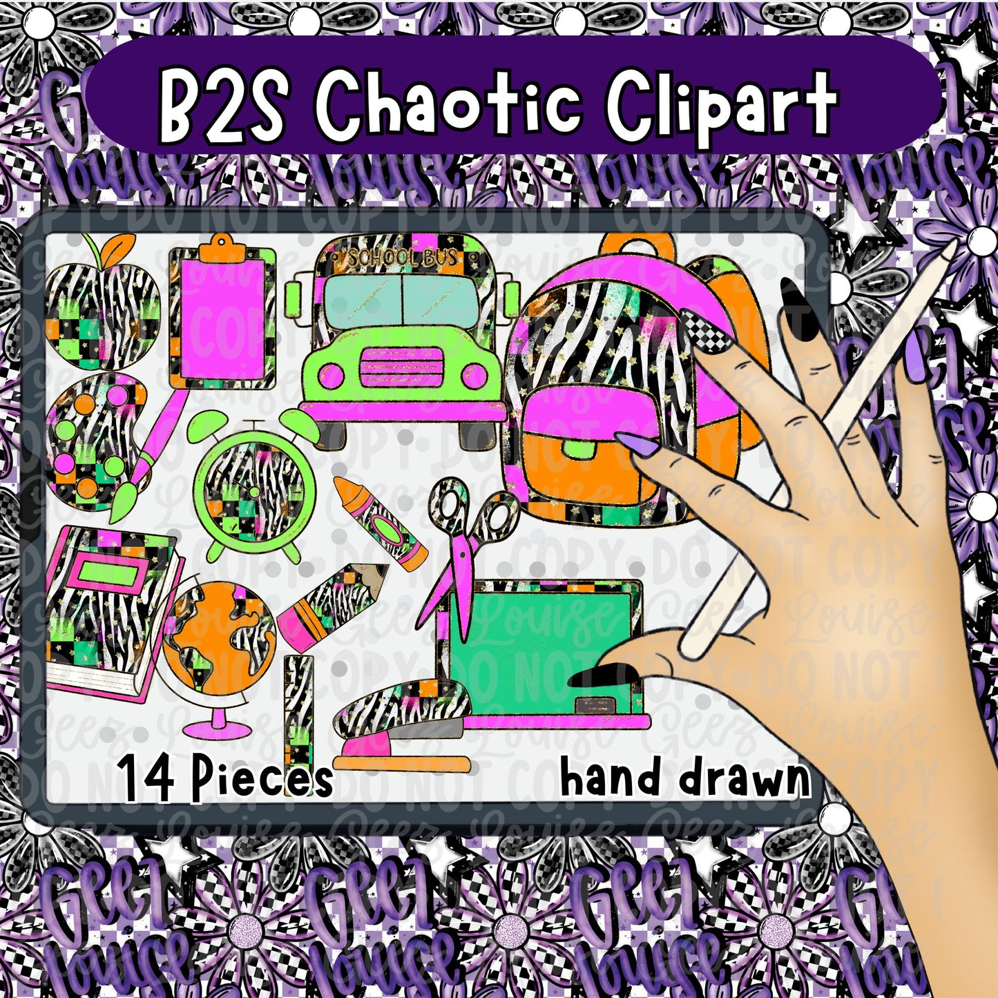 Back to School Chaotic Clipart Bundle | 14 Piece Hand Drawn PNG Set | Neon School Elements