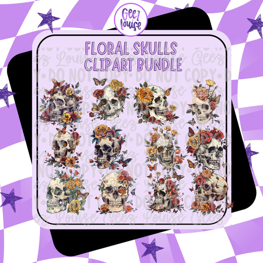 Floral Skulls Clipart Bundle | Digital Download