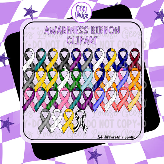 Awareness Ribbon Clipart Set | 34 Digital Ribbons
