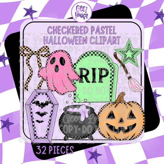 Checkered Pastel Halloween Clipart – 32-Piece Bundle