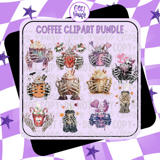 Coffee Clipart Bundle | Skeleton Hands Coffee Mug PNGs