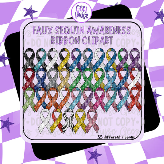 Faux Sequin Awareness Ribbon Clipart Set | 35 Digital Ribbons