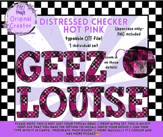 DISTRESSED CHECKER HOT PINK — Typeable OTF Alpha Font + PNGs
