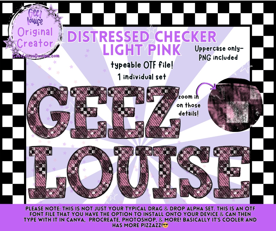 DISTRESSED CHECKER LIGHT PINK — Typeable OTF Alpha Font + PNGs