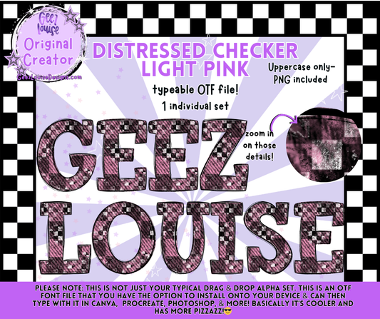 DISTRESSED CHECKER LIGHT PINK — Typeable OTF Alpha Font + PNGs
