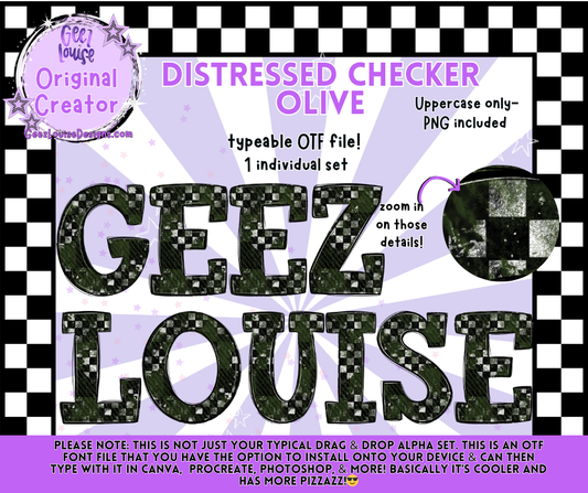 DISTRESSED CHECKER OLIVE — Typeable OTF Alpha Font + PNGs