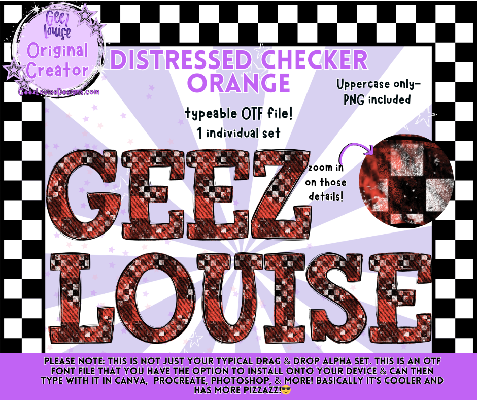 DISTRESSED CHECKER ORANGE — Typeable OTF Alpha Font + PNGs