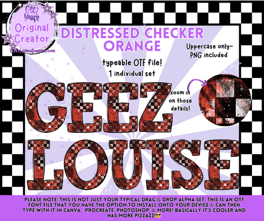 DISTRESSED CHECKER ORANGE — Typeable OTF Alpha Font + PNGs