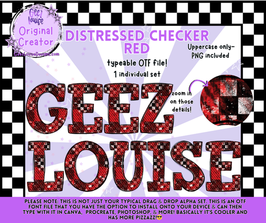 DISTRESSED CHECKER RED — Typeable OTF Alpha Font + PNGs