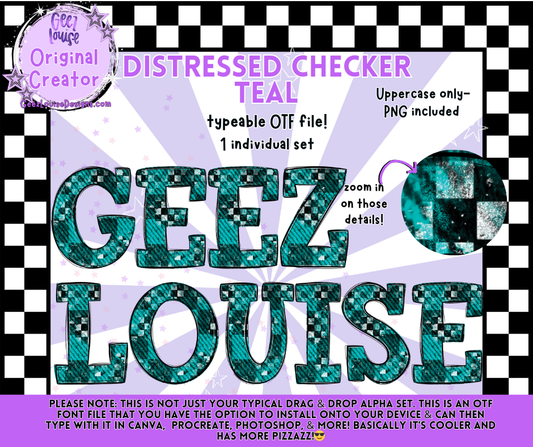 DISTRESSED CHECKER TEAL — Typeable OTF Alpha Font + PNGs