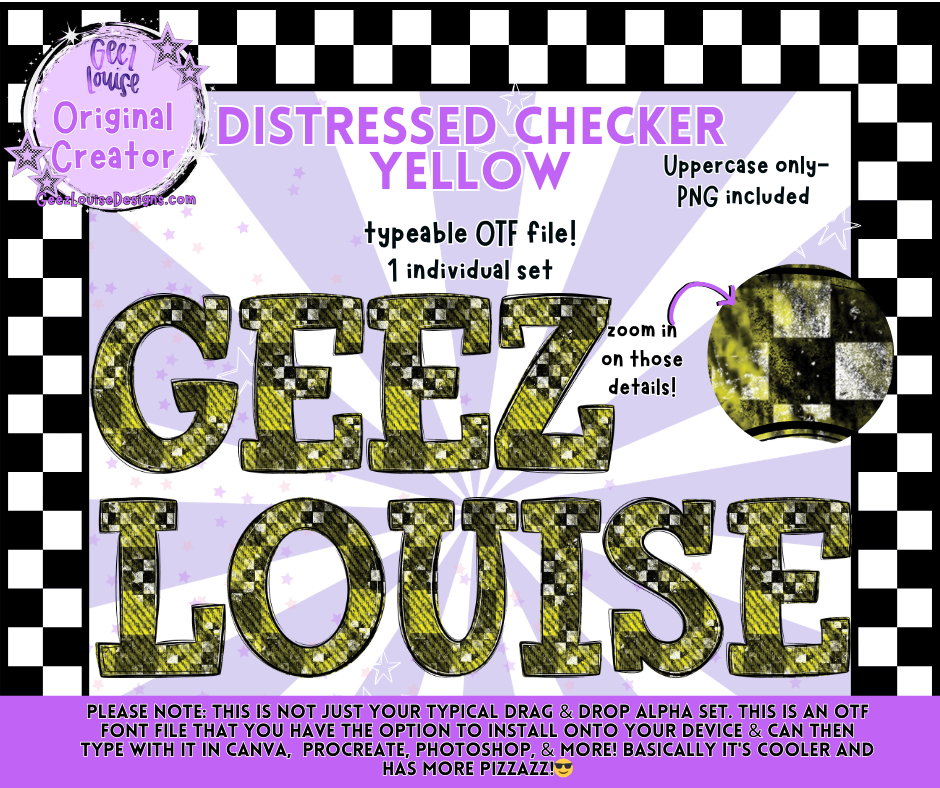 DISTRESSED CHECKER YELLOW — Typeable OTF Alpha Font + PNGs