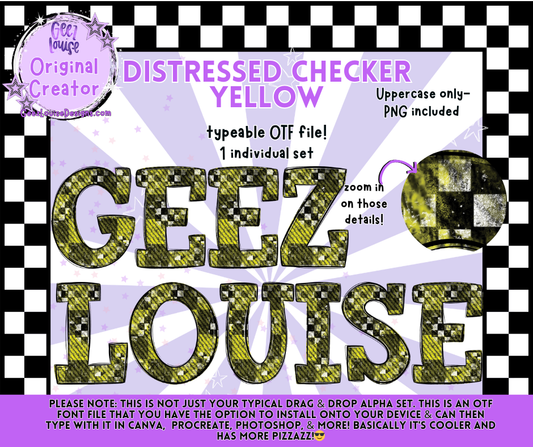 DISTRESSED CHECKER YELLOW — Typeable OTF Alpha Font + PNGs