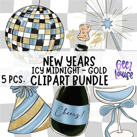 New Years Icy Midnight Gold Clipart Bundle | 5 Blue & Gold PNG Graphics
