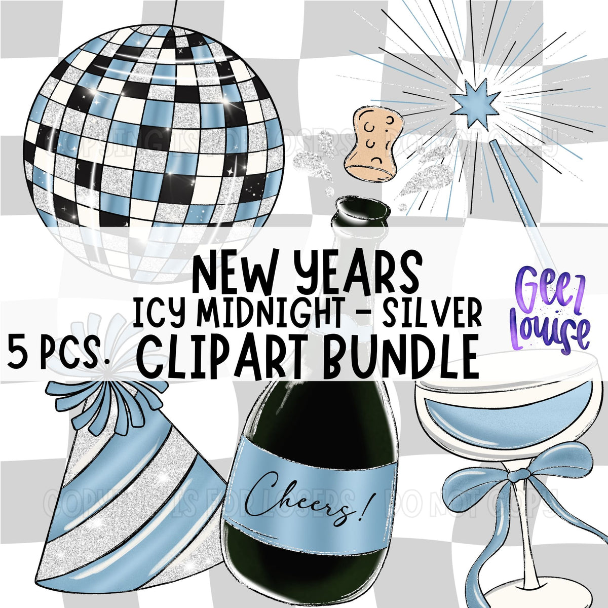 New Years Icy Midnight Silver Clipart Bundle | 5 Blue & Silver PNG Graphics