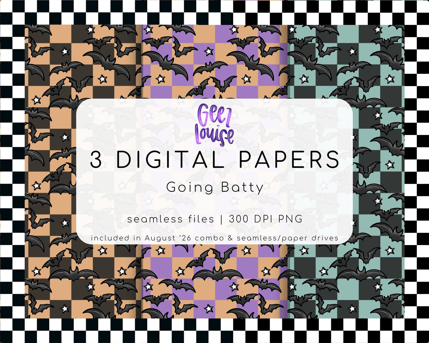 Going Batty Halloween Seamless Digital Paper Bundle PNG | 3 Bat Checker Patterns | August 26 Combo & Seamless Drive