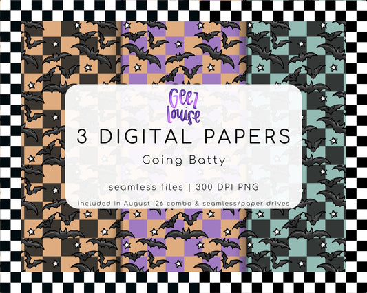 Going Batty Halloween Seamless Digital Paper Bundle PNG | 3 Bat Checker Patterns | August 26 Combo & Seamless Drive