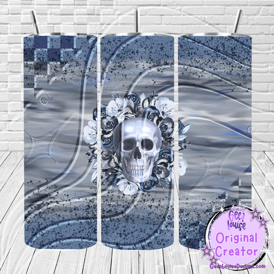 Blue Floral Skull Tumbler Wrap – Gothic Watercolor Digital Download (20 oz Skinny)