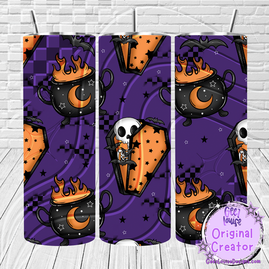 Three Halloween-themed tumblers with cauldrons, skulls, and pumpkins on a purple background.