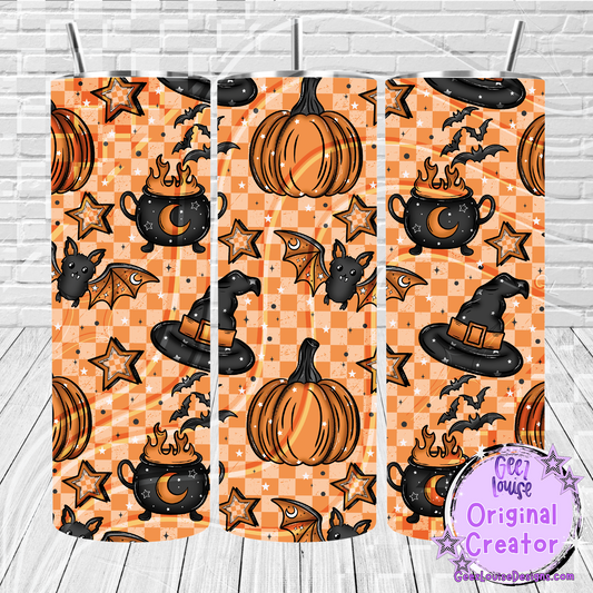 Halloween-themed pattern with pumpkins, bats, and witch hats on a checkered background.