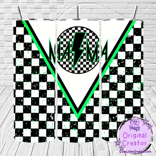 Checkered Lightning Family Tumbler Wraps – Green Mini, Mama, Dada Variants (20 oz Skinny PNG)