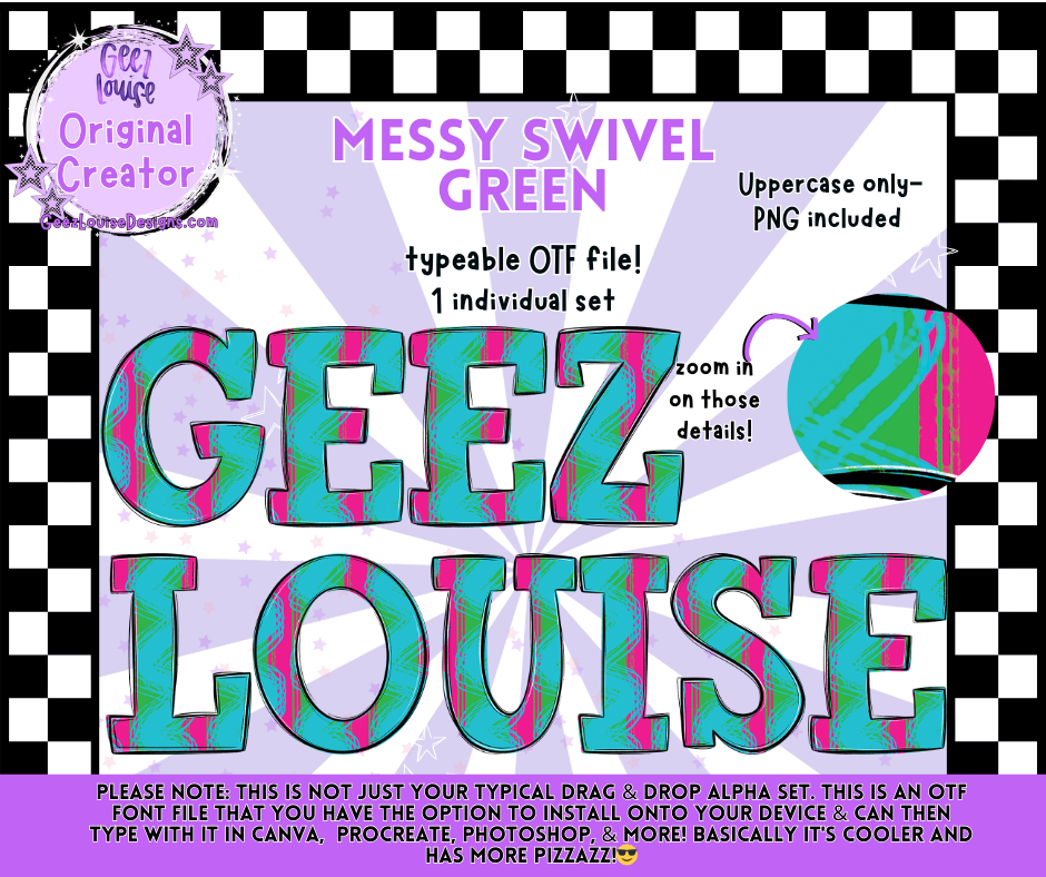 MESSY SWIVEL GREEN — Typeable OTF Alpha Font + PNGs