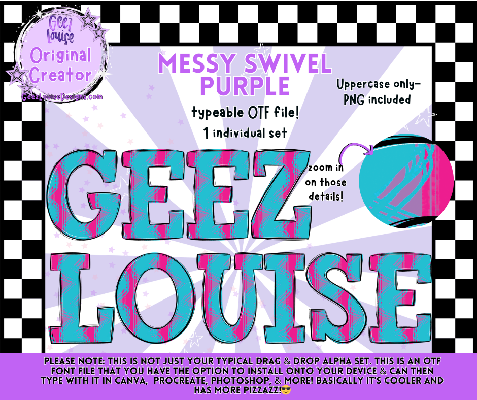 MESSY SWIVEL PURPLE — Typeable OTF Alpha Font + PNGs