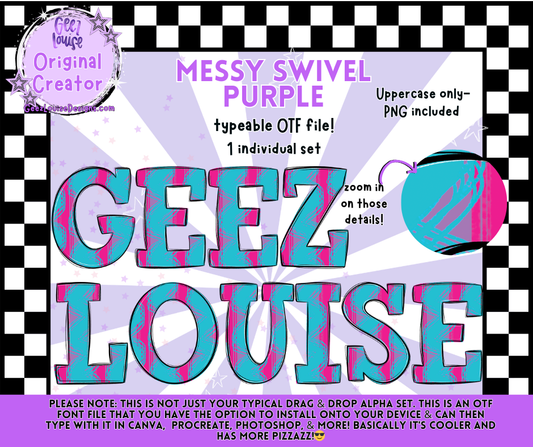 MESSY SWIVEL PURPLE — Typeable OTF Alpha Font + PNGs