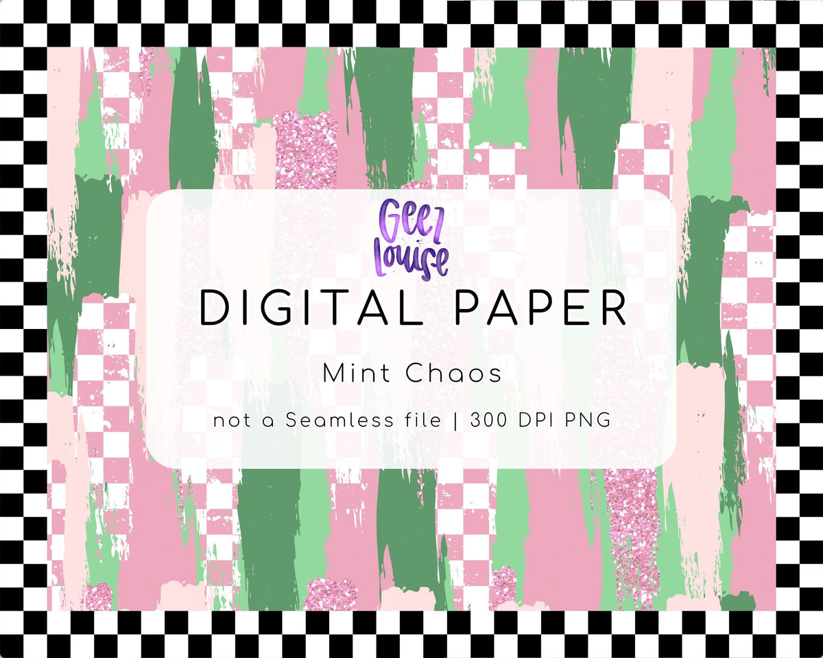 Mint Chaos Digital Paper | Pink Green Grunge Checkerboard PNG
