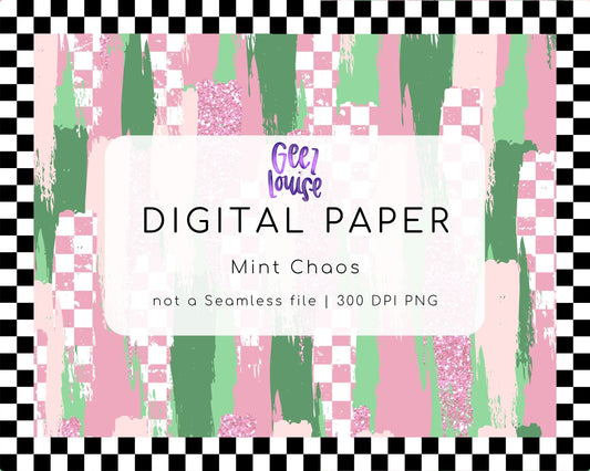 Mint Chaos Digital Paper | Pink Green Grunge Checkerboard PNG