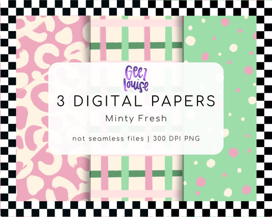 Minty Fresh Digital Paper Bundle | 3 Pink Green PNG Backgrounds