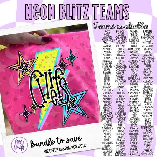 Neon Blitz Team PNG Bundle | Retro Lightning Mascot Designs + Custom Team Option | School Spirit Graphics