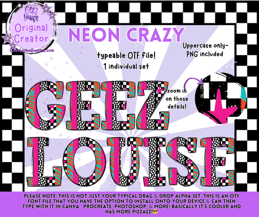 NEON CRAZY — Typeable OTF Alpha Font + PNGs