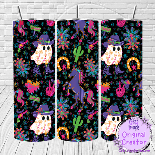 Three colorful tumblers with a ghost, horse, and candy cane design on a black background.