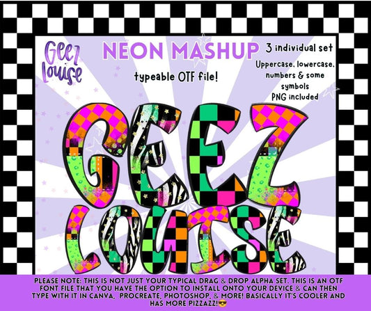 Neon Mashup Alpha Font Bundle OTF | Bright Pattern Alphabet PNG | Typeable Font Bundle