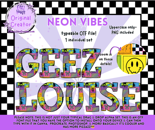 NEON VIBES — Typeable OTF Alpha Font + PNGs