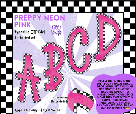 Preppy Neon Typeable OTF Alpha Font | Uppercase Letters with PNGs Included