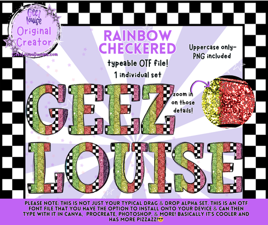 RAINBOW CHECKERED — Typeable OTF Alpha Font + PNGs