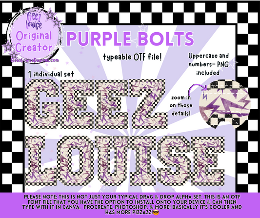 PURPLE BOLTS — Typeable OTF Font + PNG