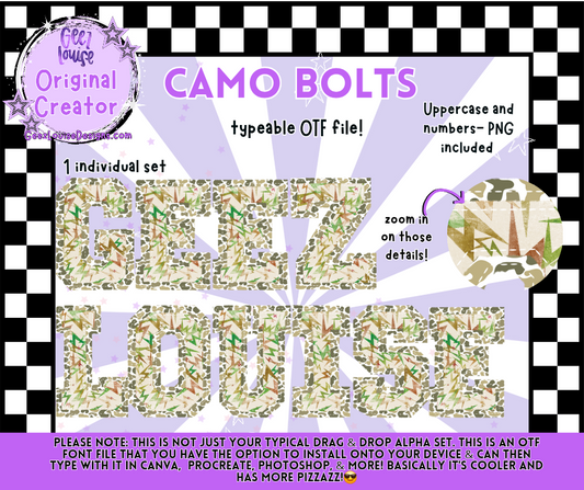 CAMO BOLTS — Typeable OTF Font + PNG