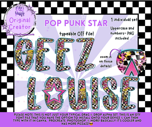 Pop Punk Star Typeable OTF Alpha Font with PNGs