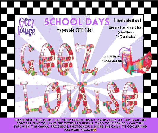 School Days OTF Font & PNG Alpha Set | Typeable School Lettering | Uppercase Lowercase Numbers | Back to School Digital Download