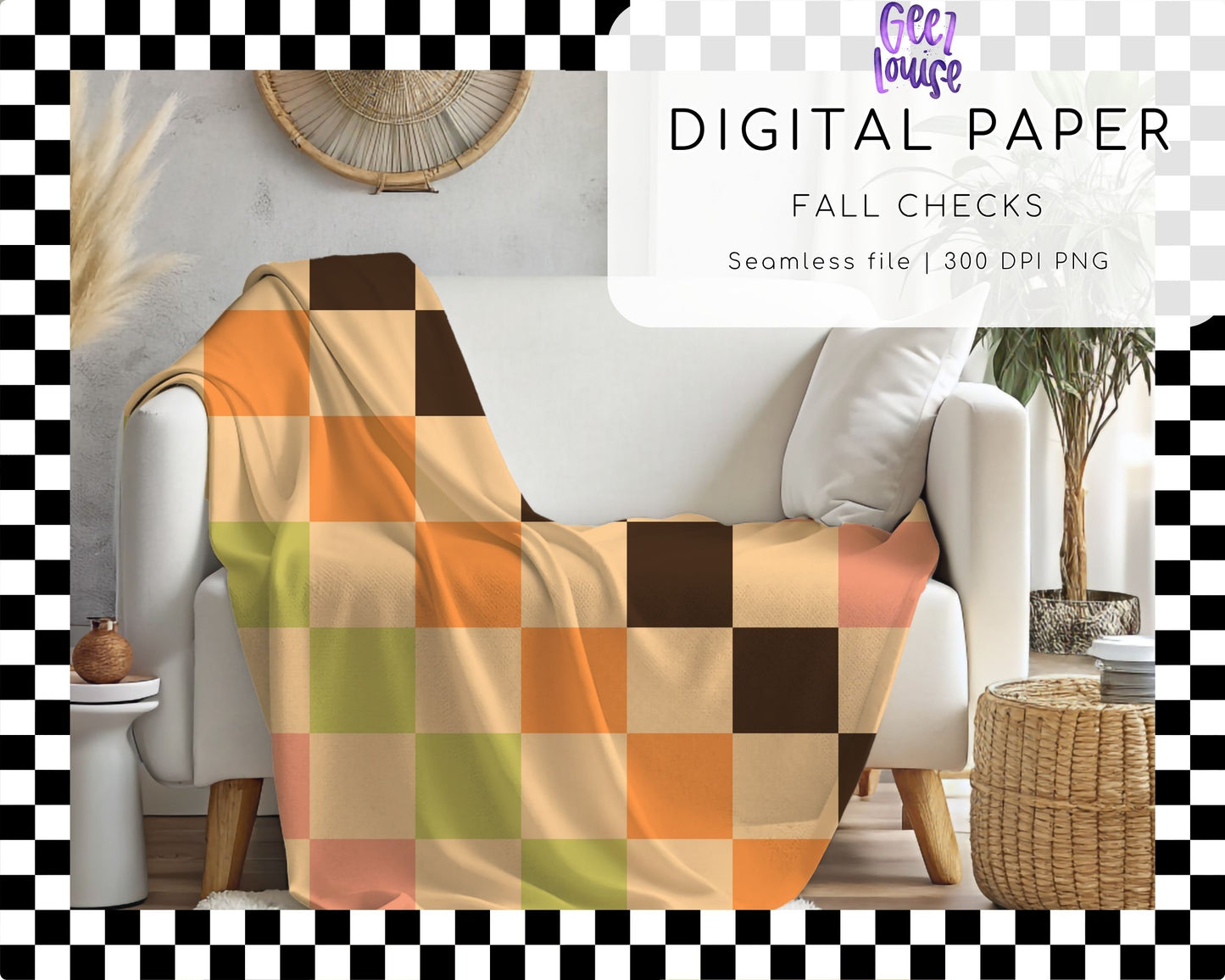 Fall Checks Digital Paper | Autumn Seamless PNG | Neutral Plaid Background