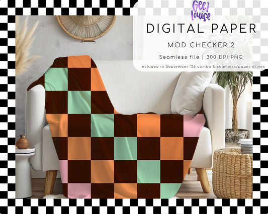 Mod Checker 2 Seamless Digital Paper | Retro Orange Brown Mint Pink Checkerboard PNG | September 26 Seamless Paper & Combo Drives